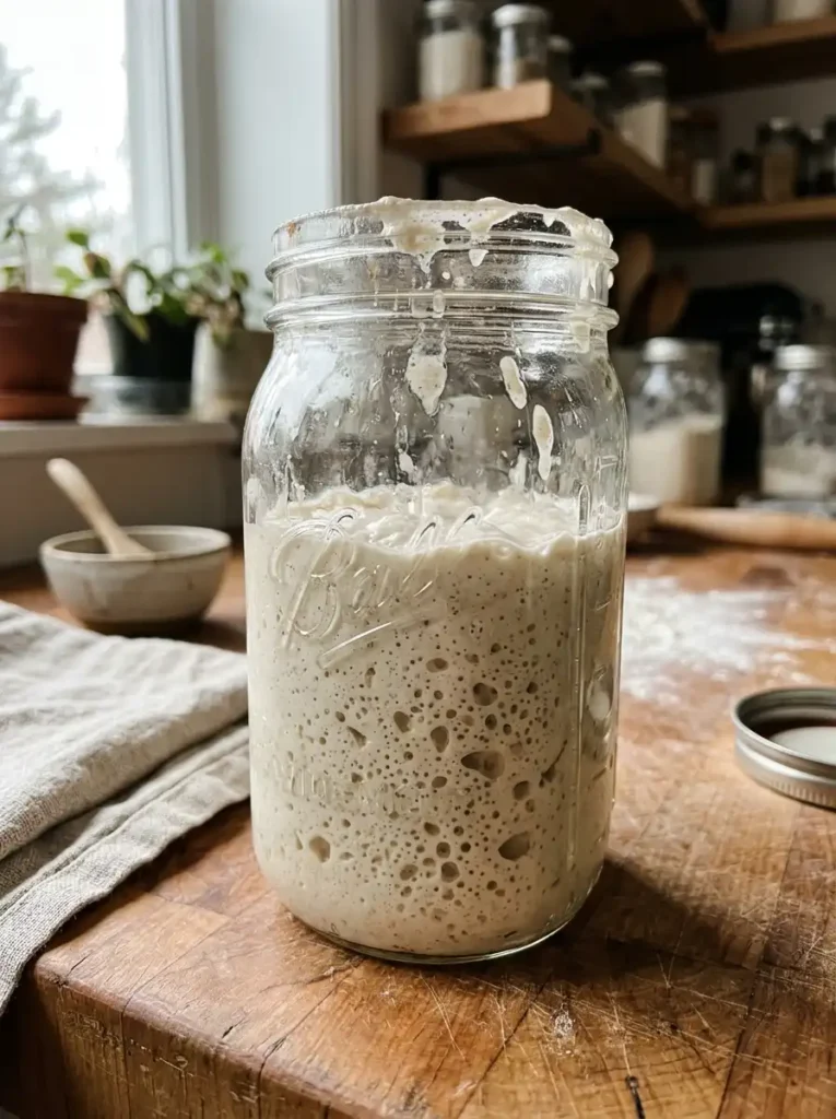sourdough discard in glass jar ready to use in recipes