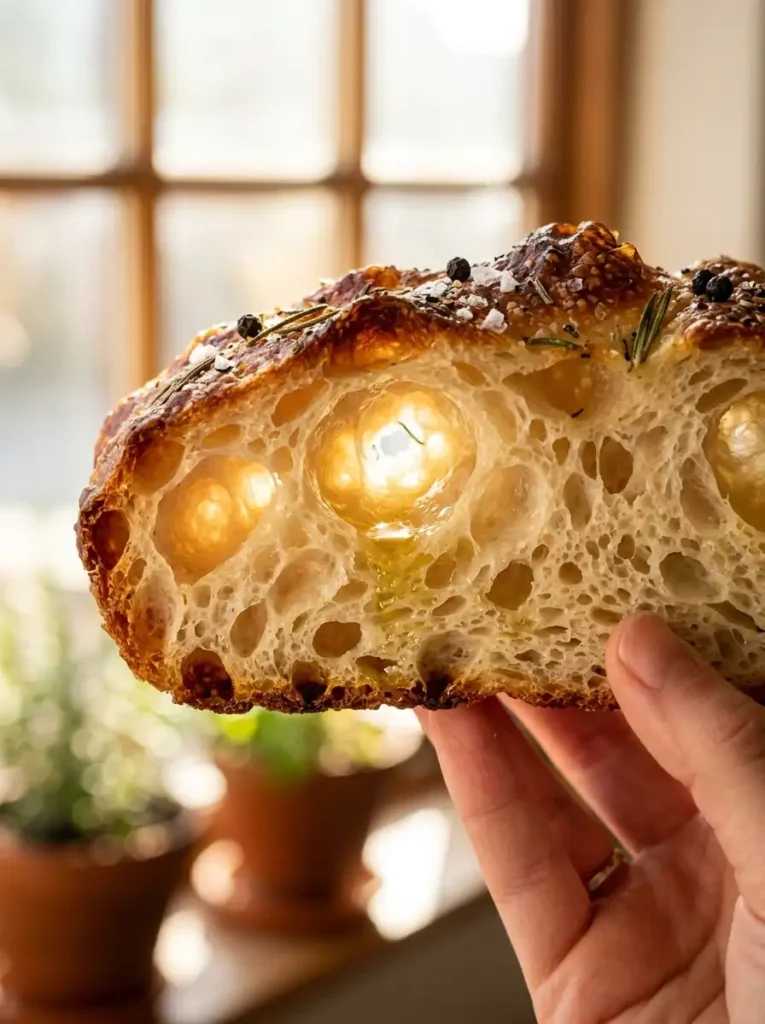 "Cross-section of homemade sourdough focaccia showing airy open crumb and crispy golden crust"