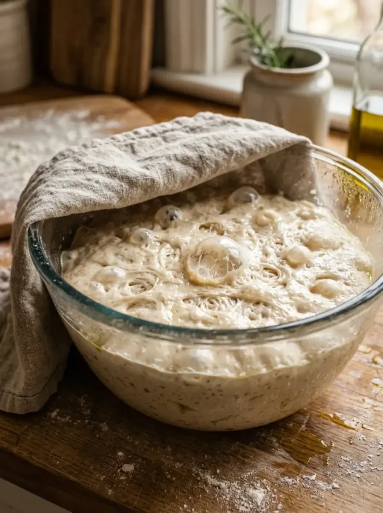 "Bubbly sourdough focaccia dough during bulk fermentation in a glass bowl"