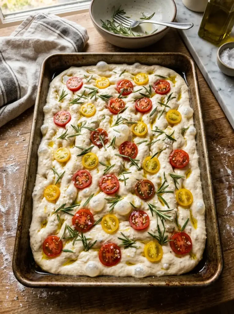 "Sourdough focaccia topped with rosemary, cherry tomatoes, and flaky salt before baking"