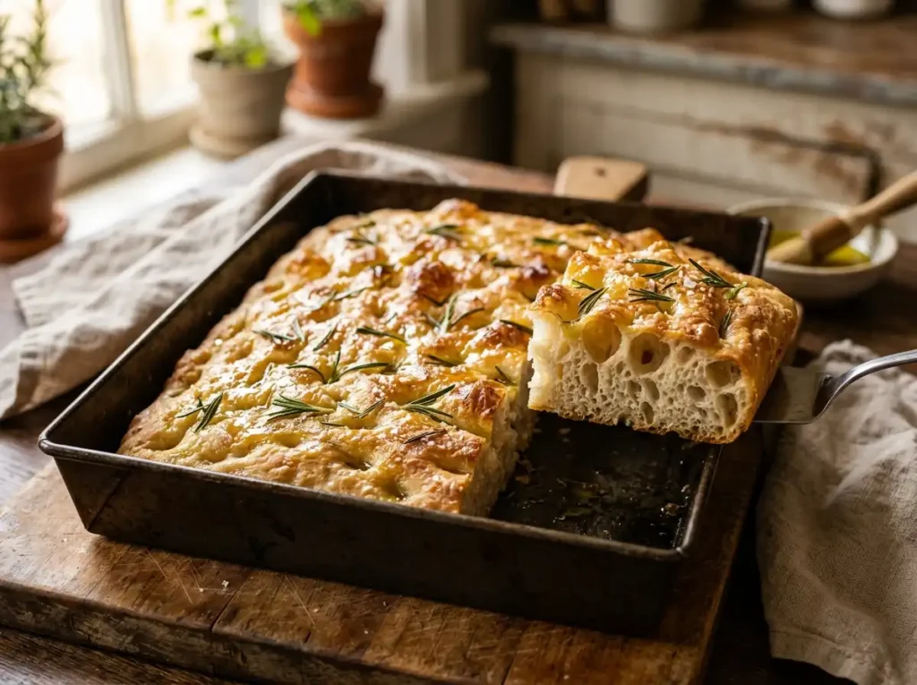Golden baked sourdough focaccia recipe with rosemary and sea salt on a rustic wooden board