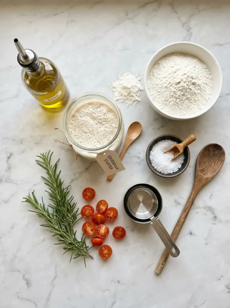 "Ingredients for sourdough focaccia recipe: flour, sourdough starter, olive oil, salt, and rosemary flat lay"