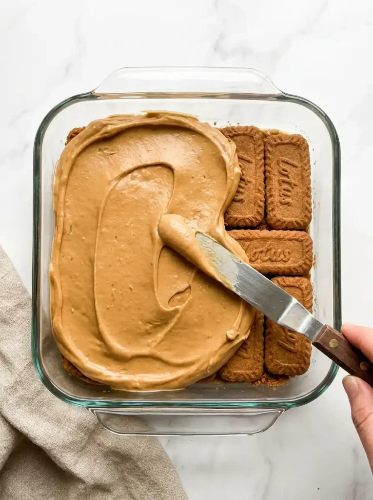 Spreading creamy biscoff mascarpone filling over Lotus cookie layer in glass tiramisu dish