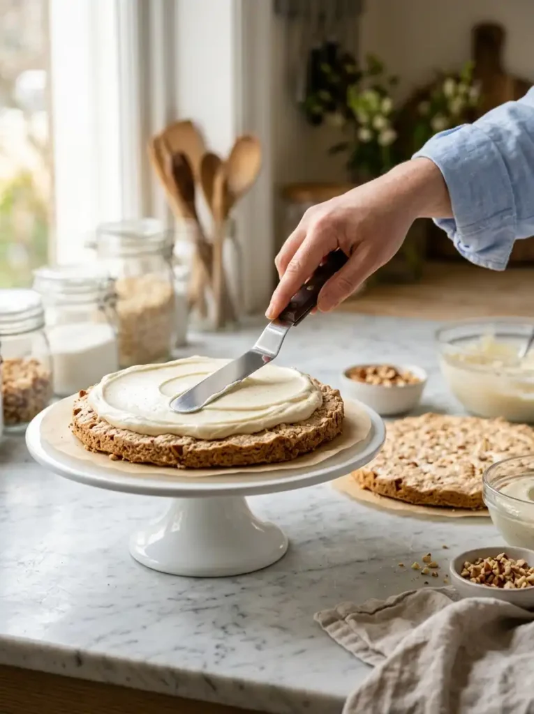 Spreading French vanilla buttercream onto a dacquoise meringue layer with an offset spatula