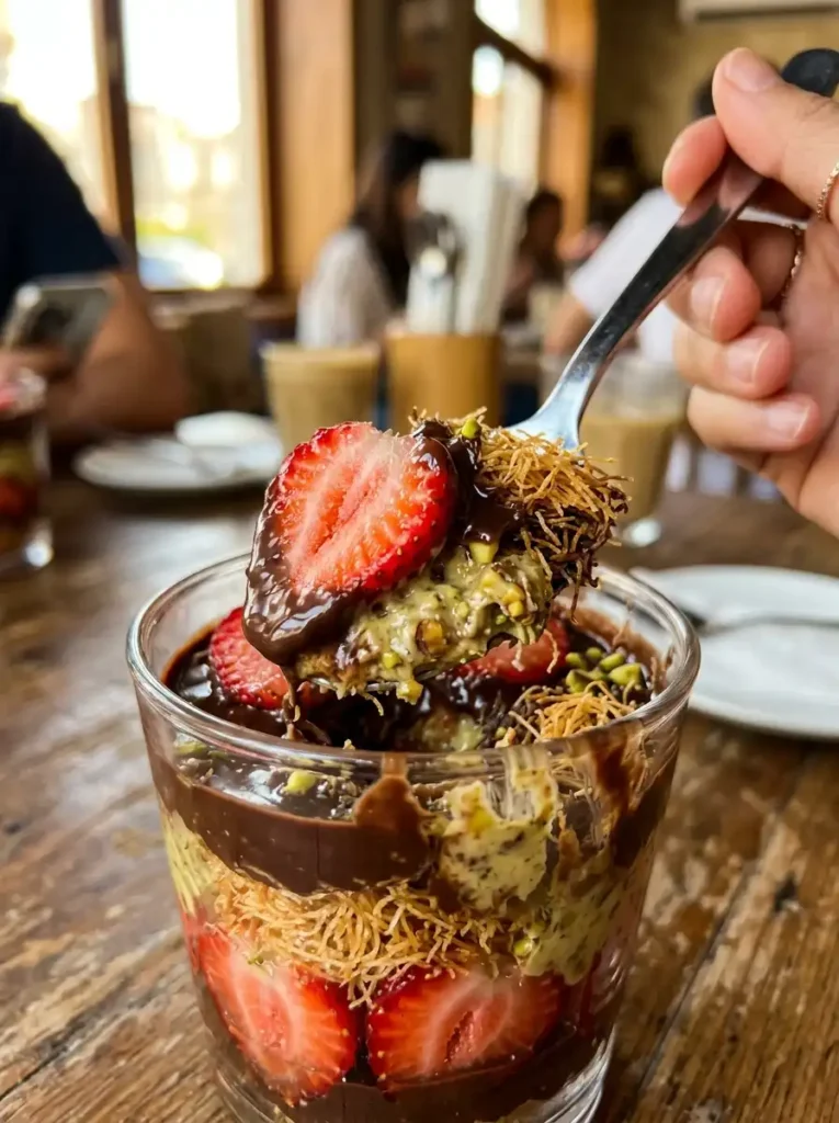 Spoonful of Dubai chocolate strawberries showing chocolate strawberry and pistachio layers