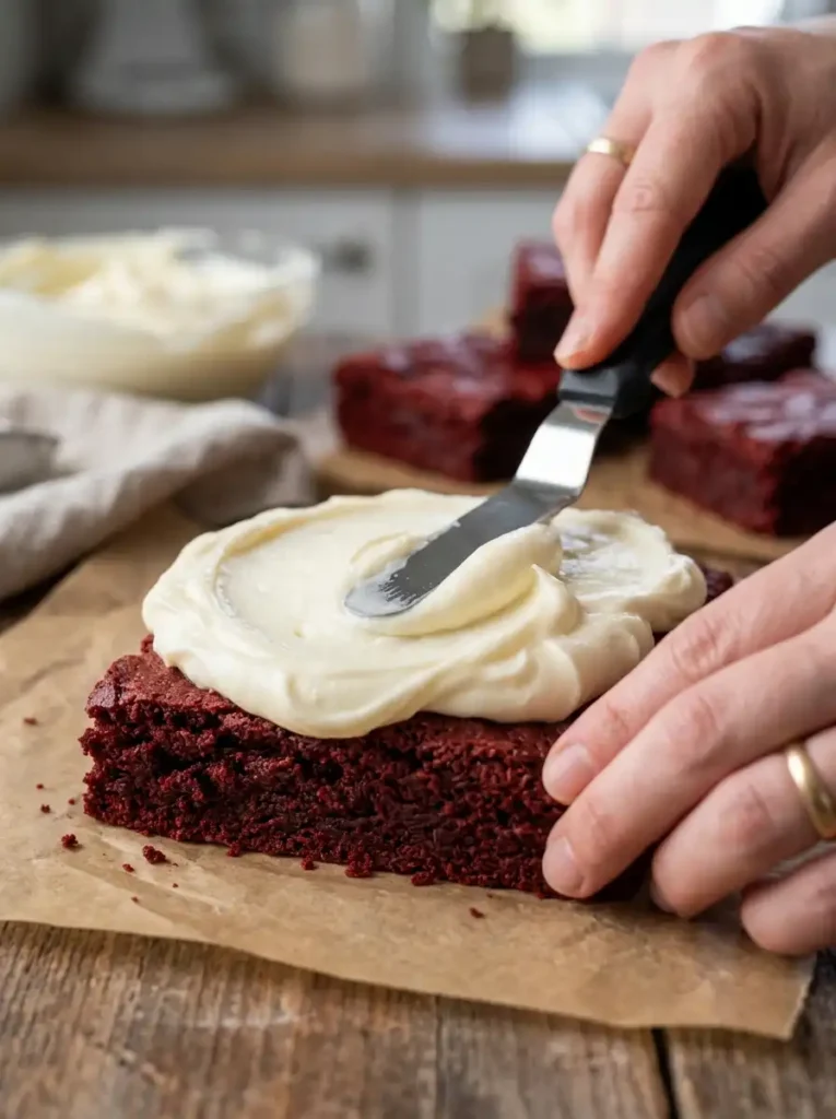 Cream cheese frosting being spread on red velvet brownies