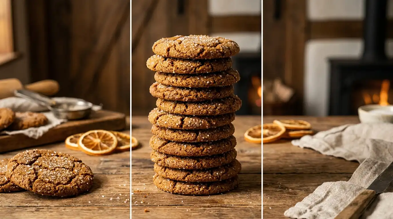 Classic old fashioned ginger snaps recipe cookies with crackled tops on a wooden table