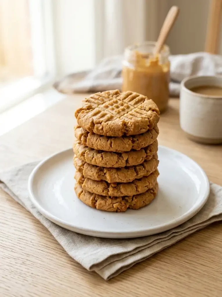 A stack of 3 ingredient peanut butter cookies with fork crisscross pattern on a white plate