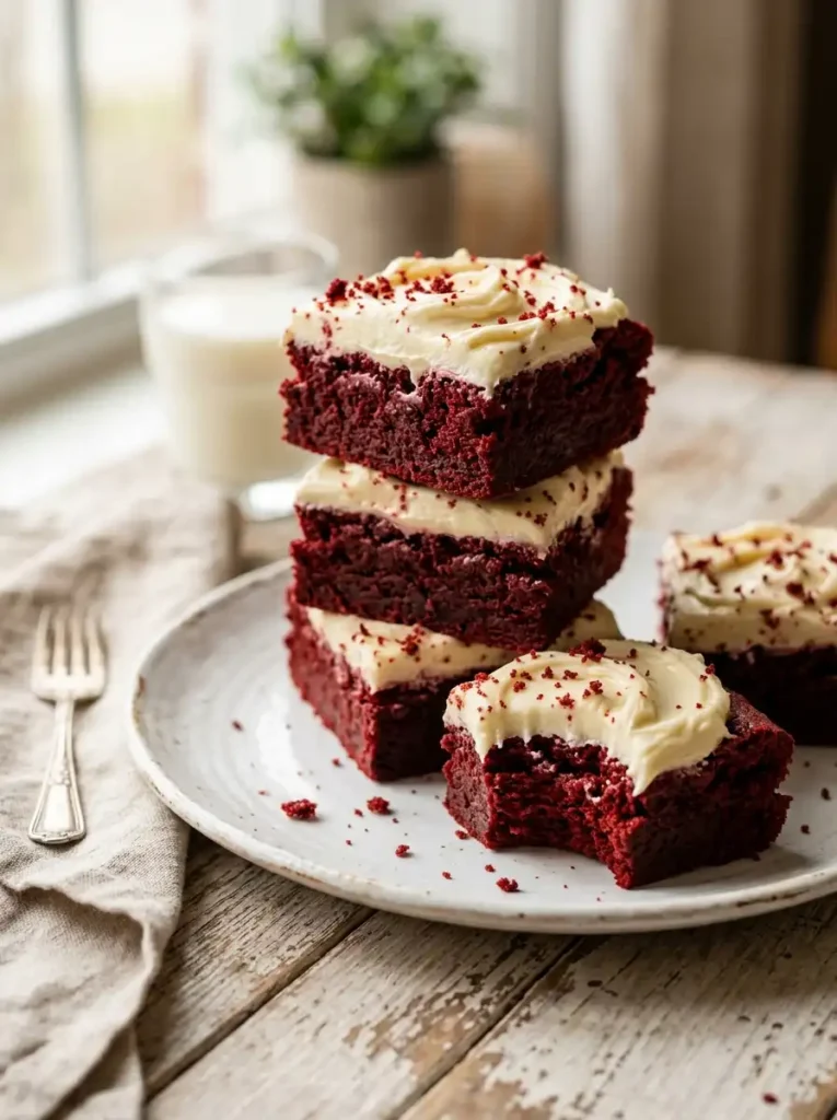 Sliced red velvet brownies with cream cheese frosting on plate