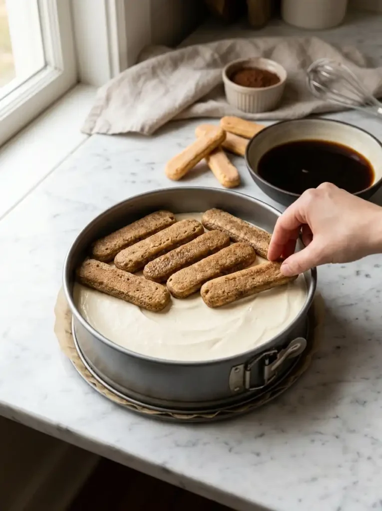 Espresso-soaked ladyfingers arranged over cheesecake batter for tiramisu cheesecake