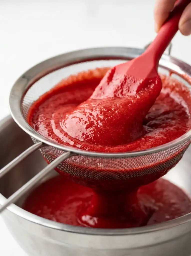 Straining strawberry puree to remove seeds for a smooth texture