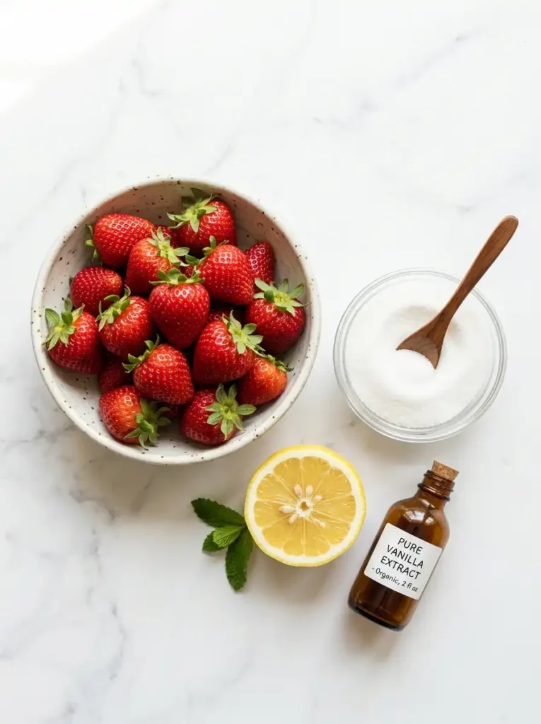 Ingredients for strawberry puree recipe: fresh strawberries, lemon, and sugar