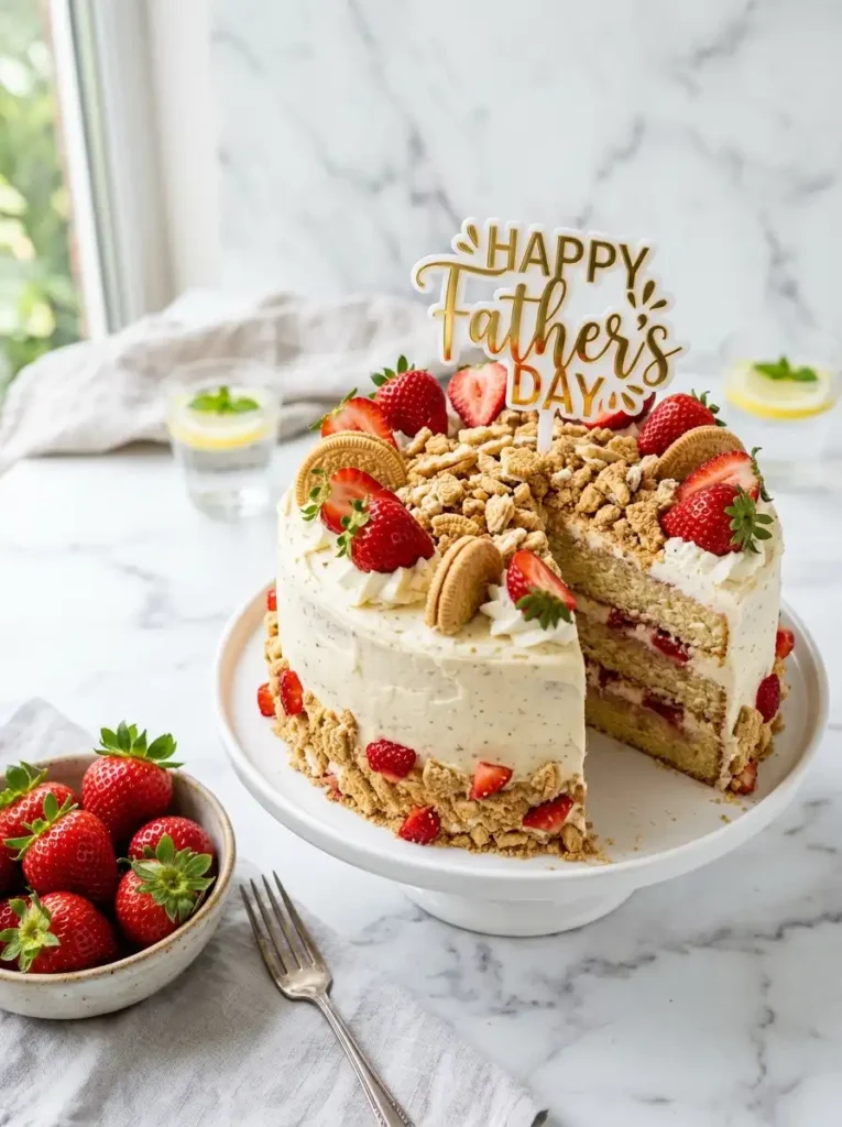 Strawberry crunch Father's Day cake with Golden Oreo topping