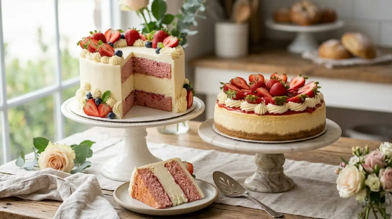 Strawberry cake and cheesecake on a cake stand with a sliced piece showing the creamy cheesecake center