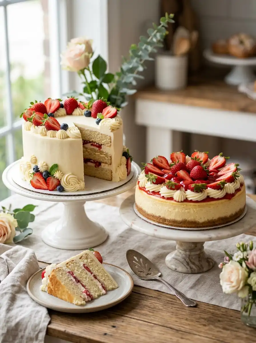 Decorated strawberry cake and cheesecake topped with fresh strawberries and swirls of frosting