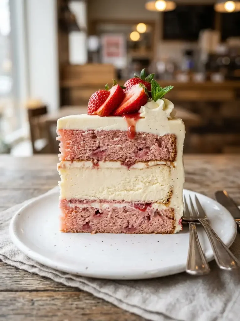 Close-up slice of strawberry cake and cheesecake showing layered strawberry cake, cheesecake center, and cream cheese frosting