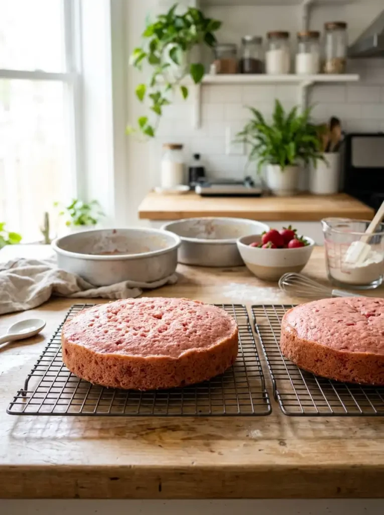 Moist strawberry cake layers cooling on a wire rack for strawberry cake and cheesecake