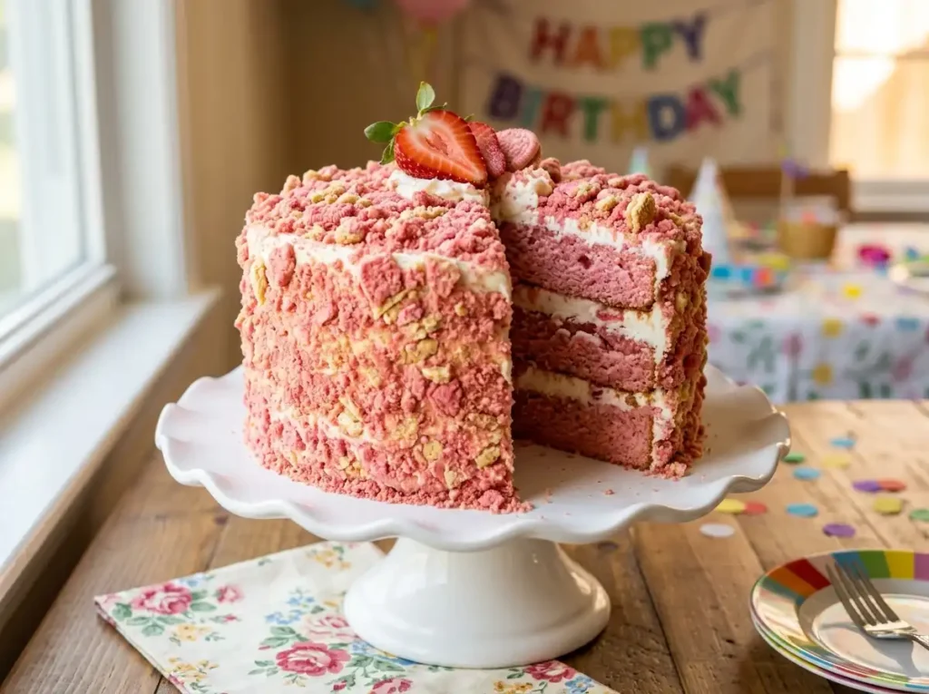 Strawberry crunch cake with pink Golden Oreo crumb coating and cream cheese frosting