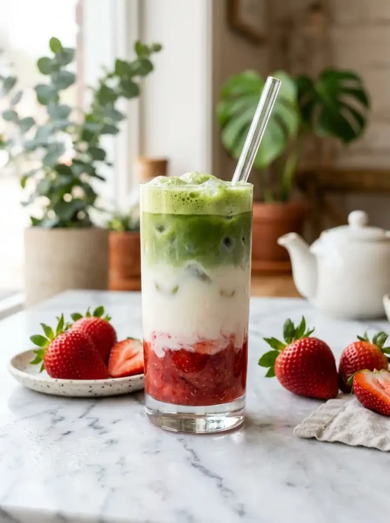Strawberry iced matcha latte with homemade strawberry puree and matcha