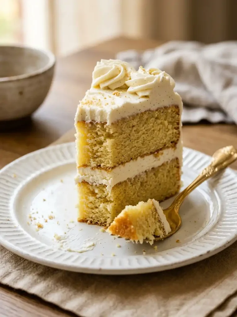 Slice of moist French vanilla cake showing tender crumb, frosting between layers, served on white plate with fork