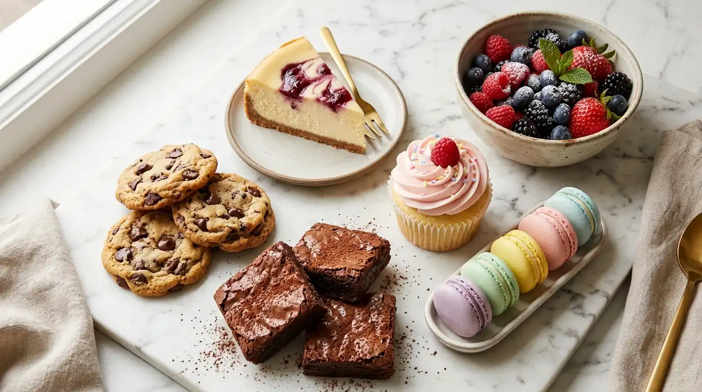 Assortment of delicious sweet treats including cookies, cheesecake, macarons, and brownies on a marble surface