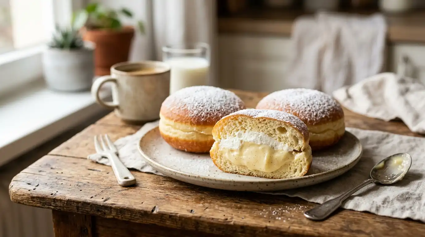 A freshly baked fluffy Bavarian cream donut sliced in half showing the rich cream filling on a wooden table.