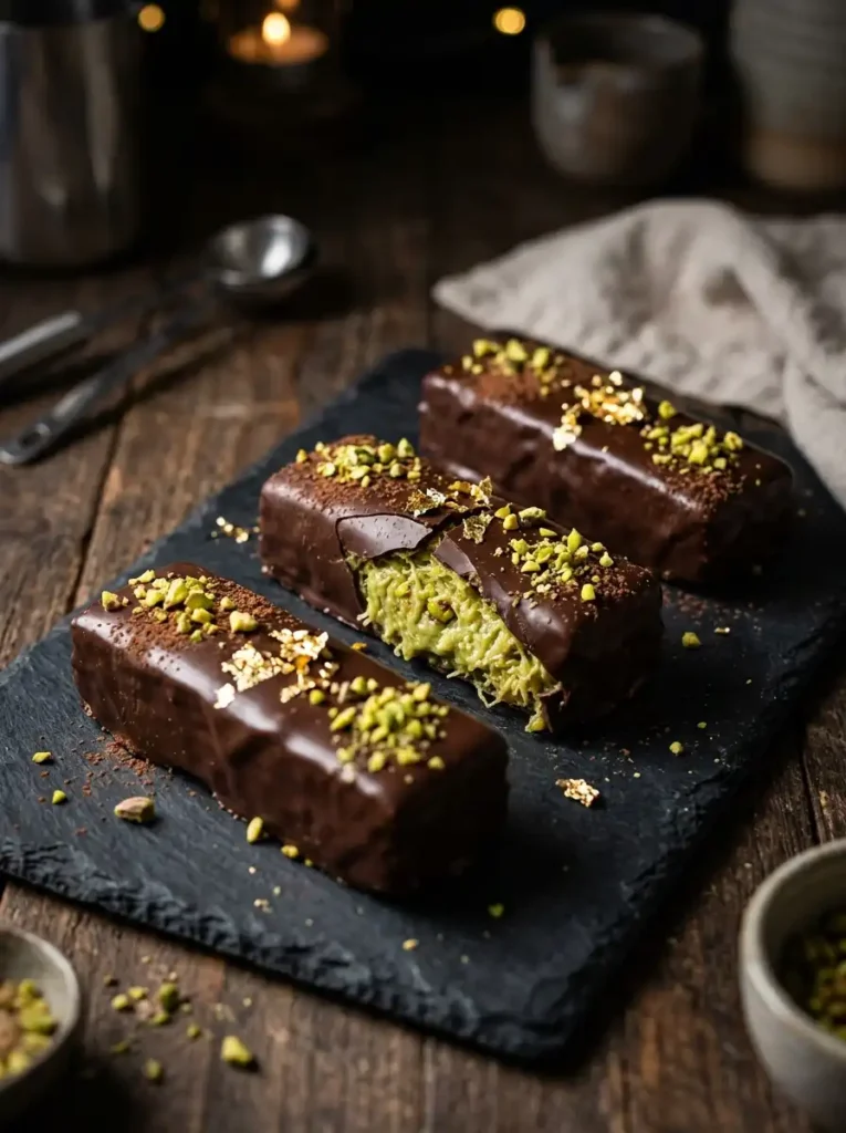 Finished homemade Dubai chocolate kataifi bars with glossy dark chocolate shell, gold leaf garnish, and pistachio cream filling