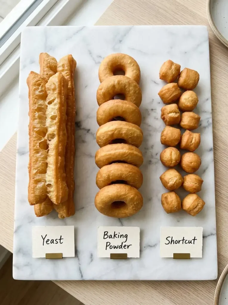 Three methods for making Chinese donuts compared — yeast dough, baking powder, and biscuit shortcut