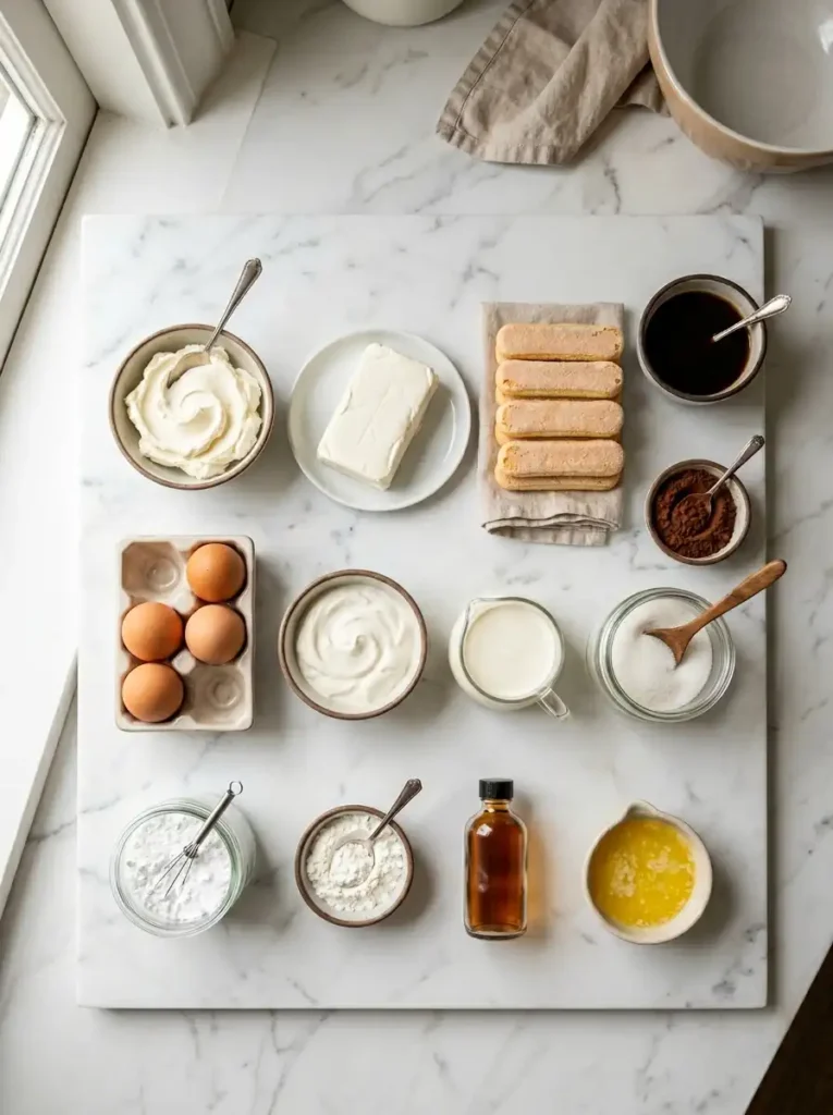 Ingredients for tiramisu cheesecake including mascarpone, cream cheese, ladyfingers, espresso, eggs, cream, sugar, and cocoa powder