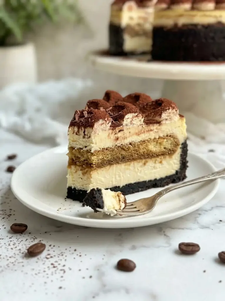 Slice of tiramisu cheesecake showing creamy mascarpone filling and espresso-soaked ladyfinger layer