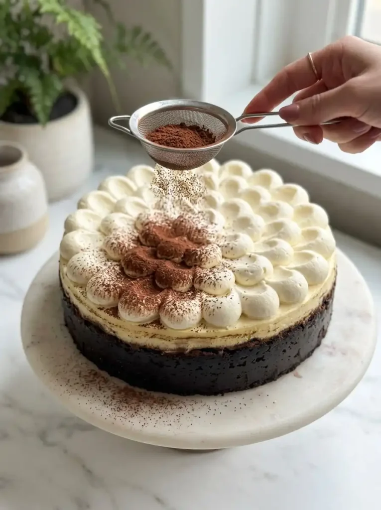 Mascarpone topping spread over chilled tiramisu cheesecake with cocoa powder dusted on top