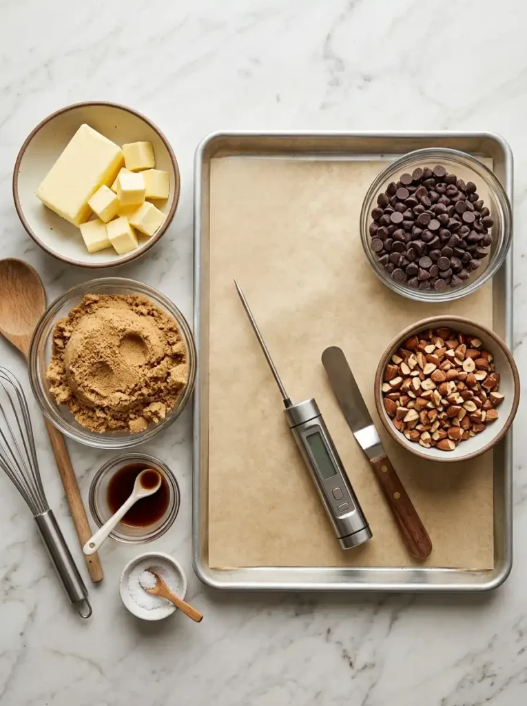 toffee recipe ingredients with butter brown sugar chocolate chips and almonds