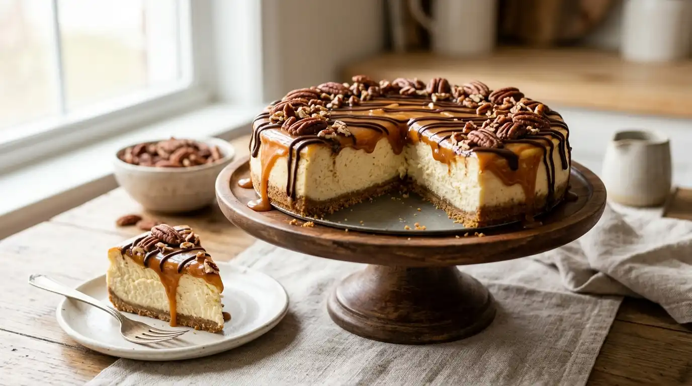 Turtle cheesecake with caramel, chocolate, and pecans on top with a slice removed
