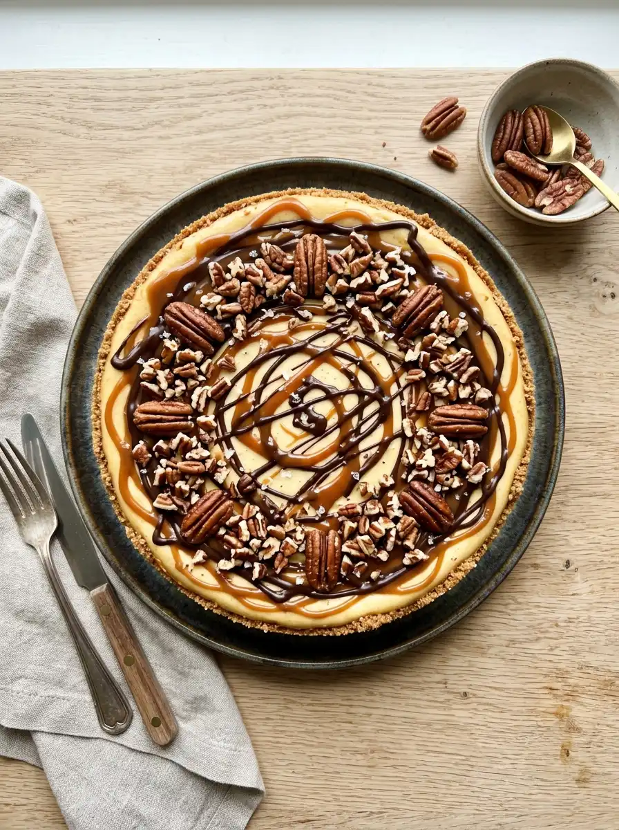 Top view of turtle cheesecake topped with caramel, chocolate, and pecans