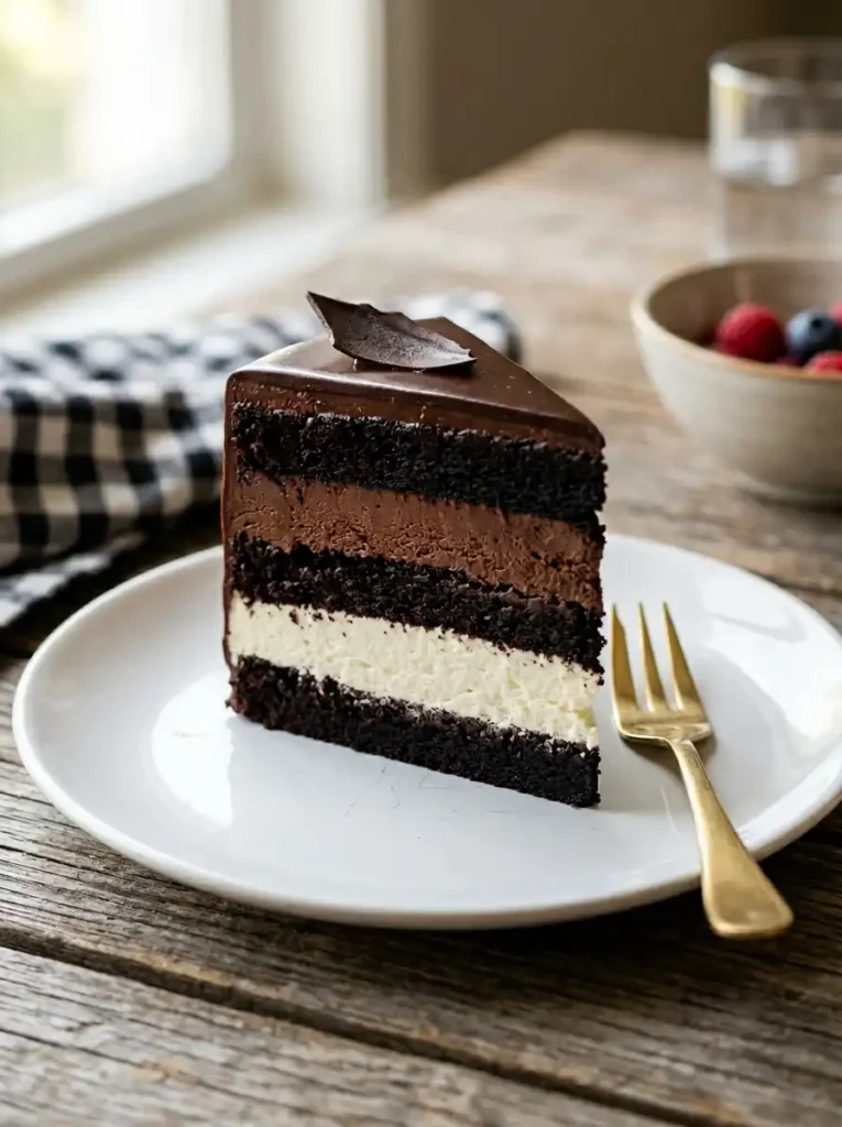 Cross-section slice of homemade tuxedo cake showing distinct chocolate cake layers, white and dark chocolate mousse