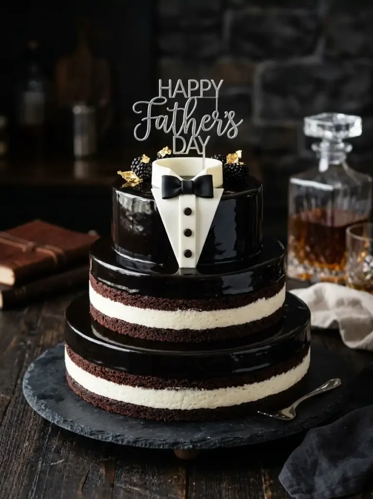 Tuxedo cake with chocolate and white chocolate layers for Father's Day