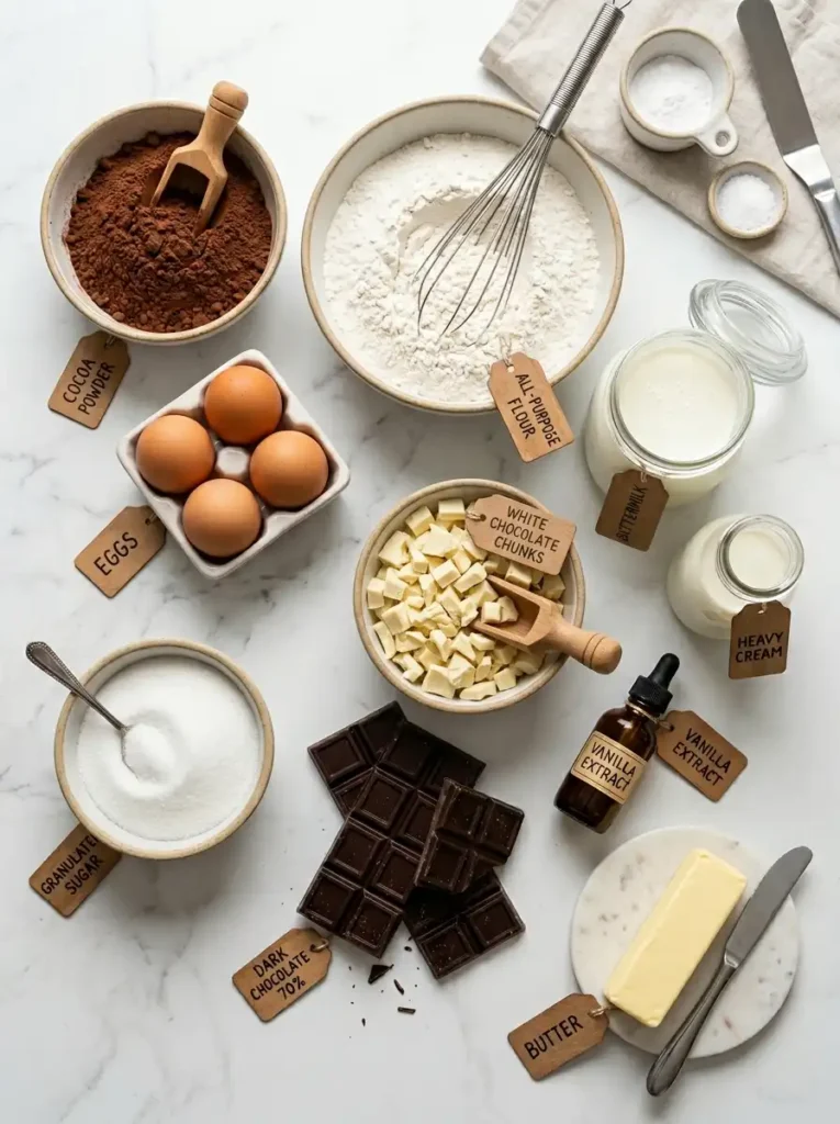 Tuxedo cake ingredients flat lay including cocoa powder, flour, white chocolate, dark chocolate, eggs, buttermilk, and heavy cream