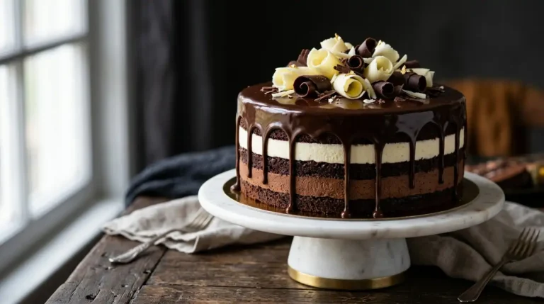 Homemade tuxedo cake recipe with three chocolate layers, white and dark chocolate mousse filling, and glossy mirror ganache topping