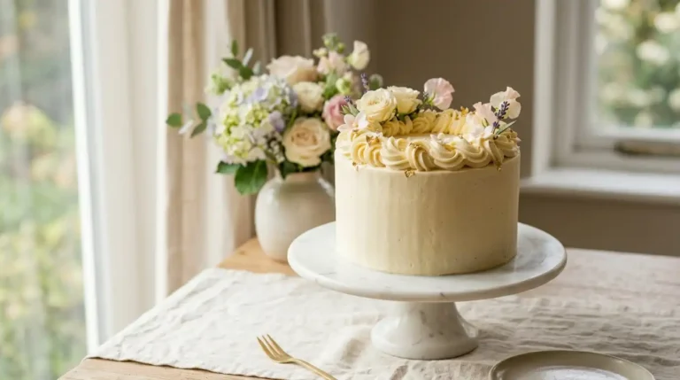 Beautiful tall two-layer French vanilla cake with elegant vanilla buttercream swirls on a white marble cake stand, professional editorial food photography