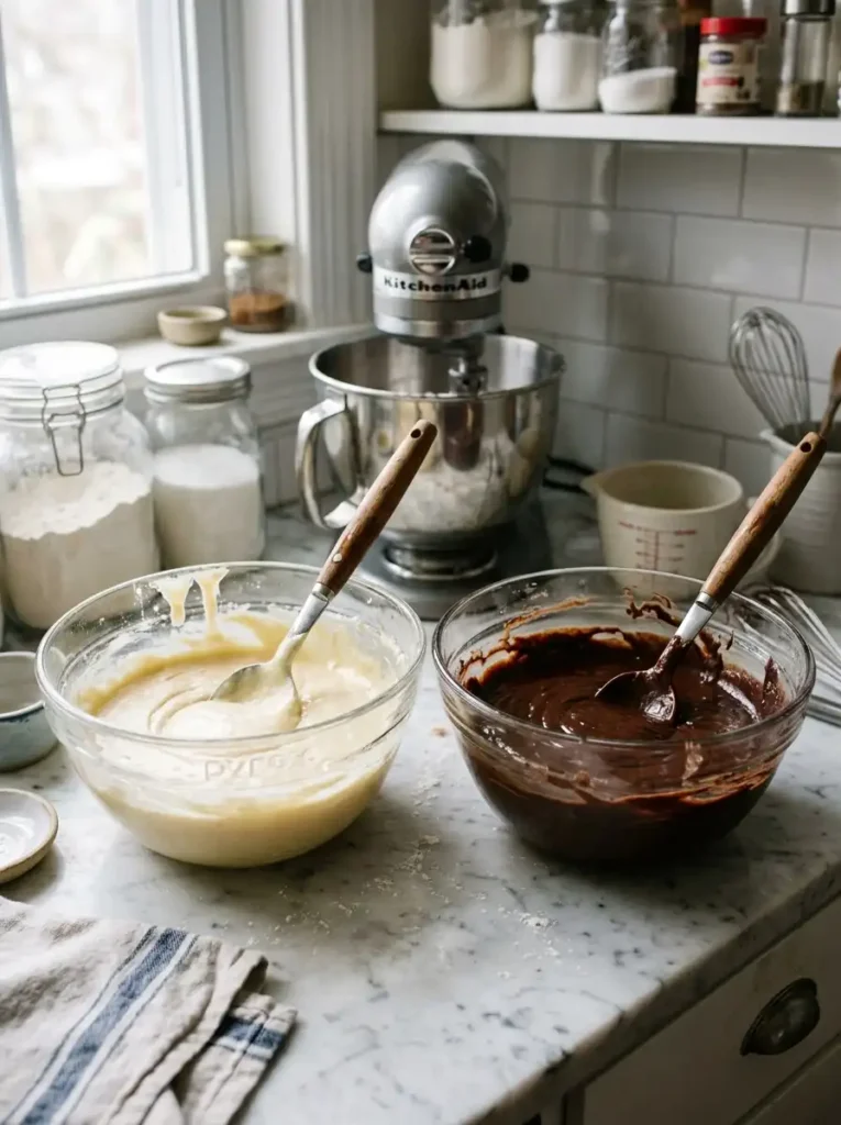 Two bowls with vanilla and chocolate cake batter side by side