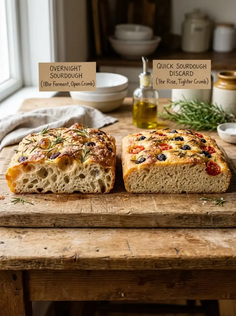 "Side by side comparison of classic sourdough focaccia and quick sourdough discard focaccia shortcut"