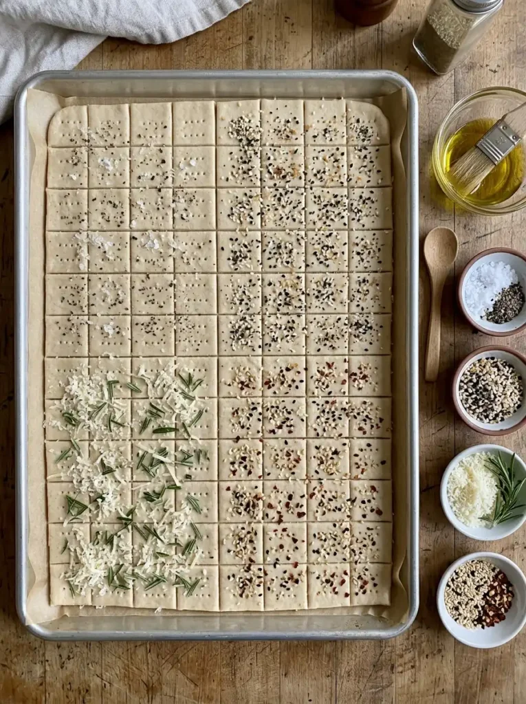 Unbaked sourdough discard crackers on baking sheet topped with everything bagel seasoning and sea salt
