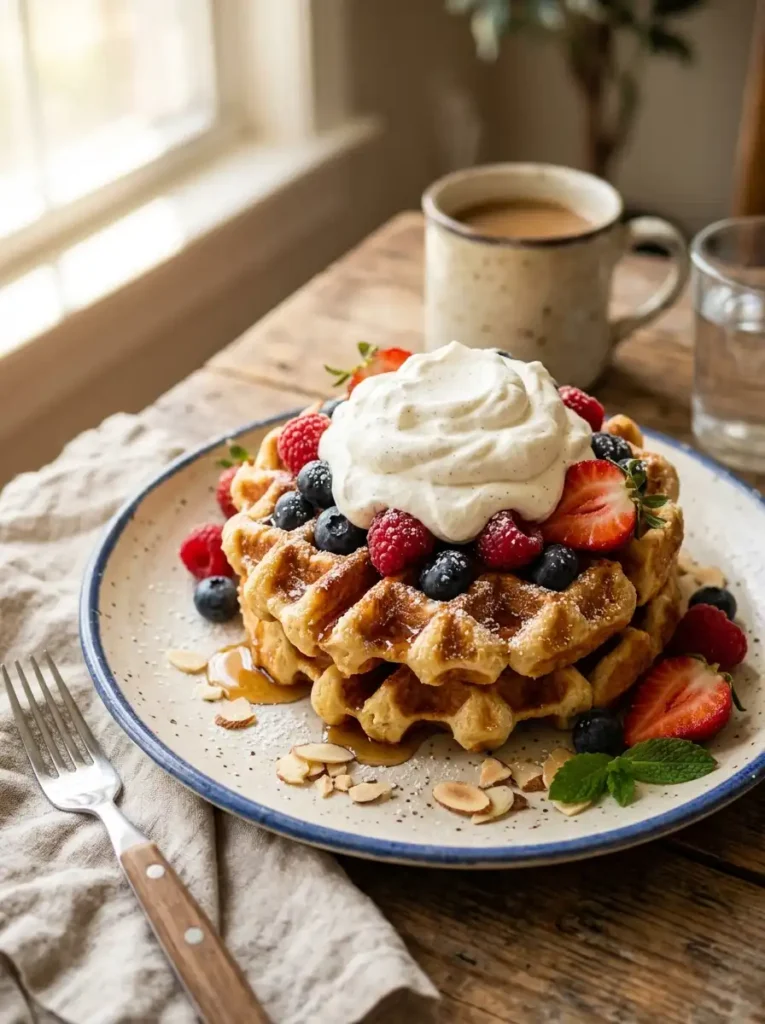 Crispy waffles topped with sweet vanilla chantilly cream and fresh berries.