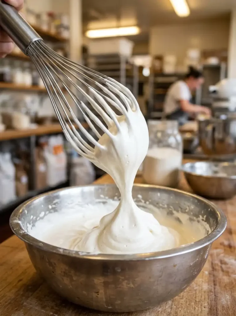 Whisking crema chantilly to perfect stiff peaks for cake frosting.
