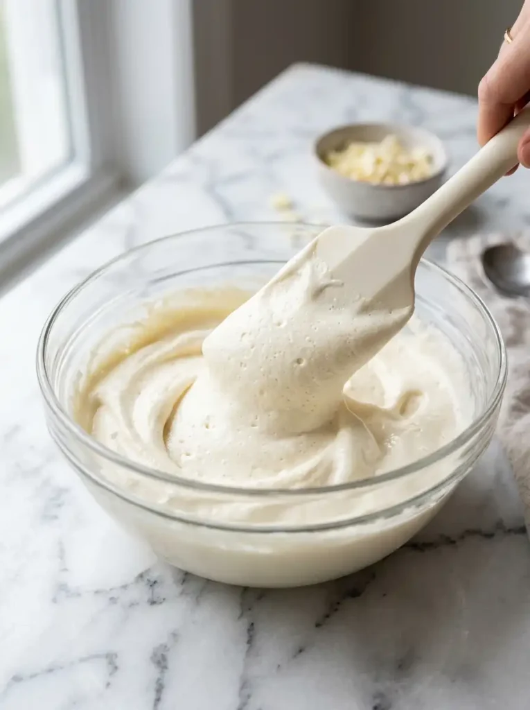 Light and airy white chocolate mousse in a glass bowl for tuxedo mousse cake filling