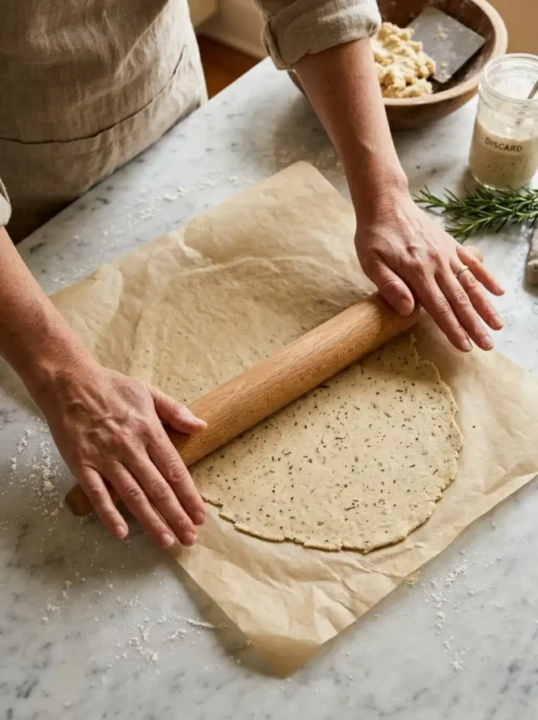 Rolling sourdough discard cracker dough paper-thin between parchment paper with rolling pin