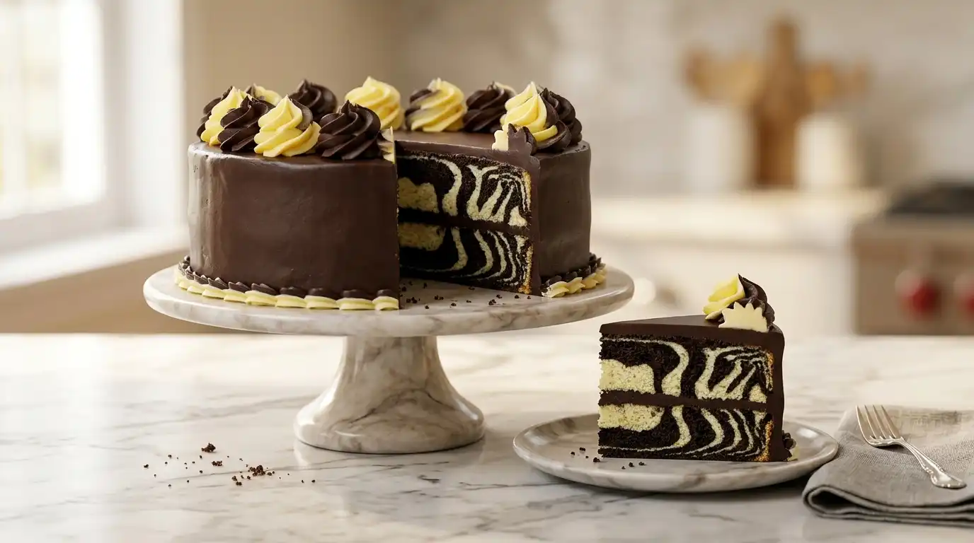 Homemade zebra cake with perfect chocolate and vanilla stripes