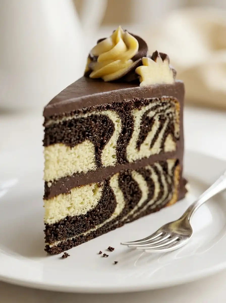 A close-up of a moist zebra cake slice on a white plate showing clean stripes