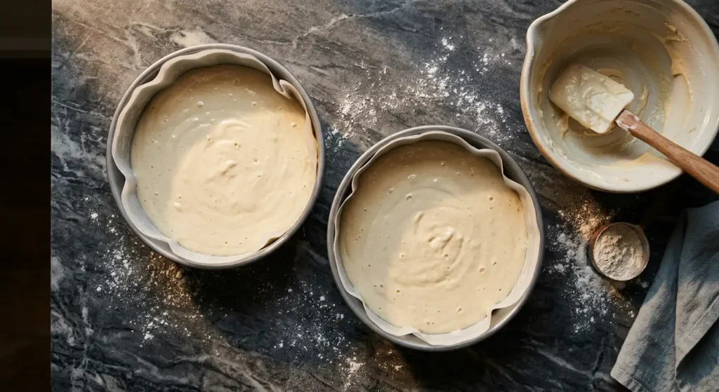vanilla birthday cake batter divided into two round cake pans