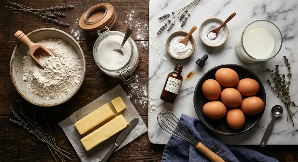 birthday cake ingredients flour sugar butter eggs vanilla and milk on a rustic table , how to make a birthday cake